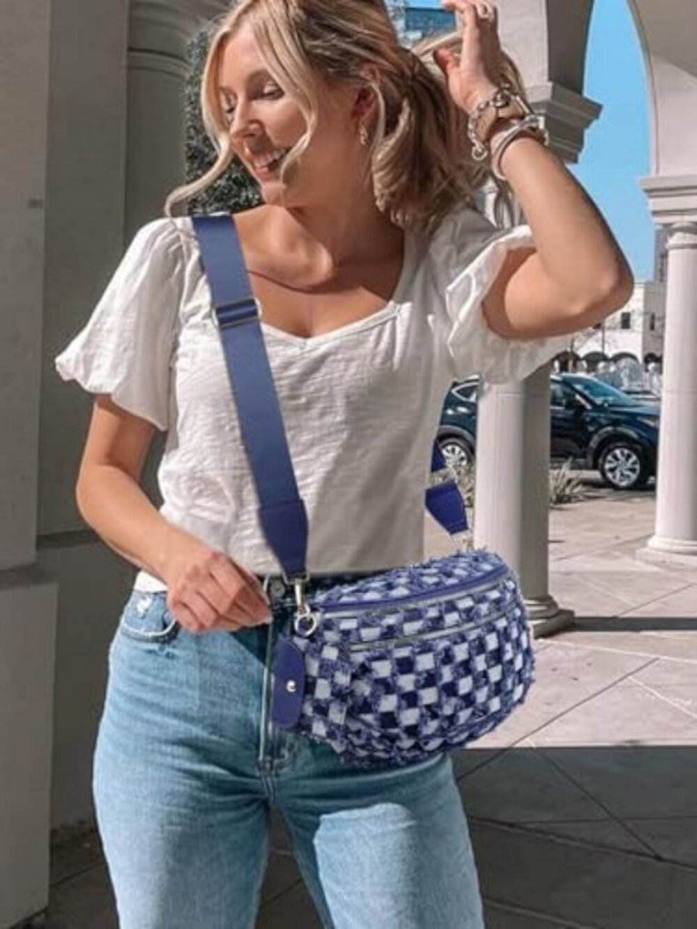 Stylish Checkered Crossbody Bum Bag for Women - Denim Checkerboard Design, Small - Picture 2 of 7